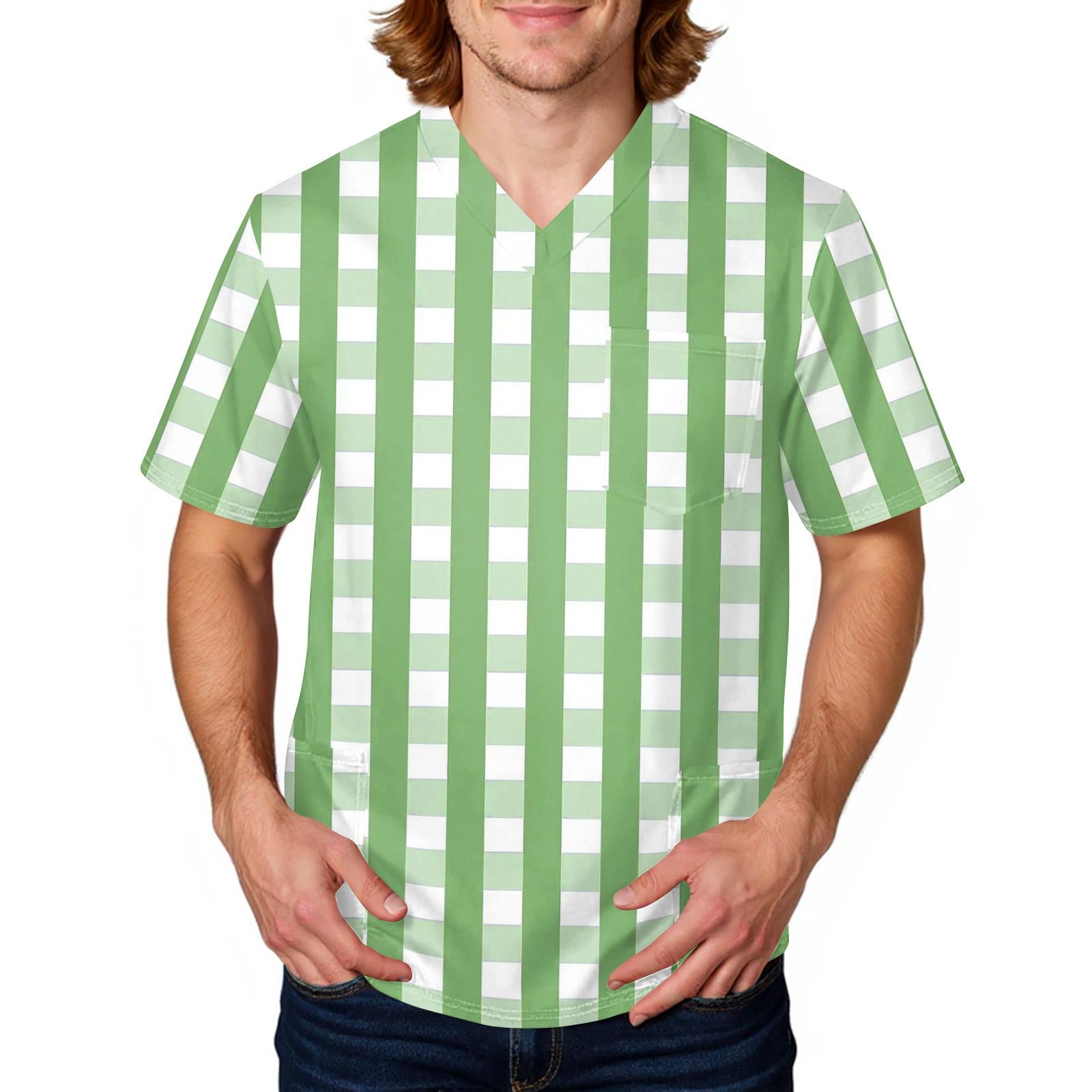 Мужская полосатая клетчатая футболка V-образный вырез с карманами свободный крой для ухода и повседневной работы M зелёный 1590₽