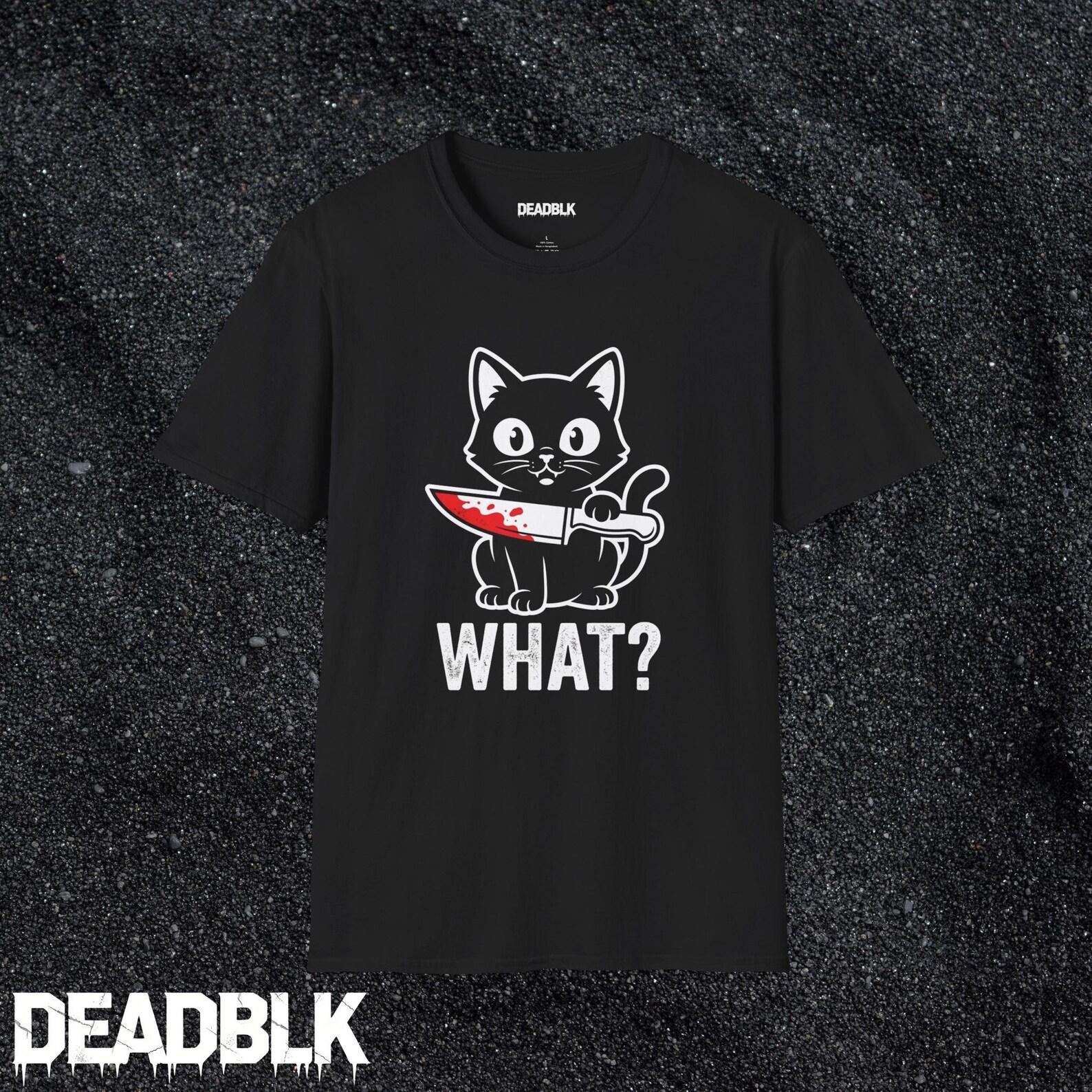 What? Black Cat with Bloody Knife T-Shirt | Horror Cat Illustration XL