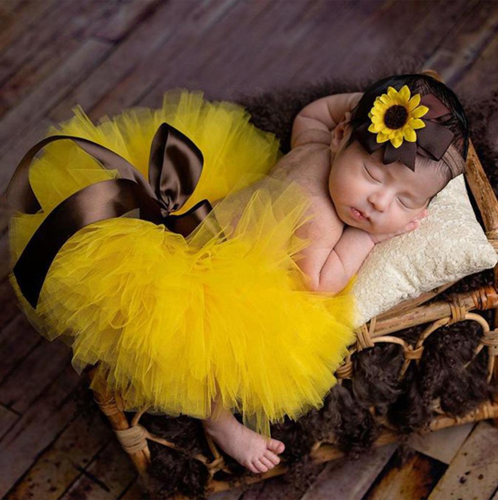 Baby Fotografie Kostüm Kleidung Sonnenblumen Stirnband Schleife Puffrock Fotoshooting Kleidung Fotografie Requisiten für Mädchen
