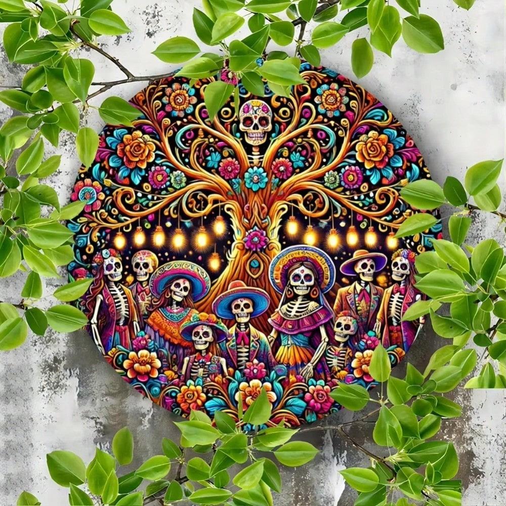 Vintage Sugar Skeleton Wreath Metal Wall Art for Day of the Dead Halloween Home Decor