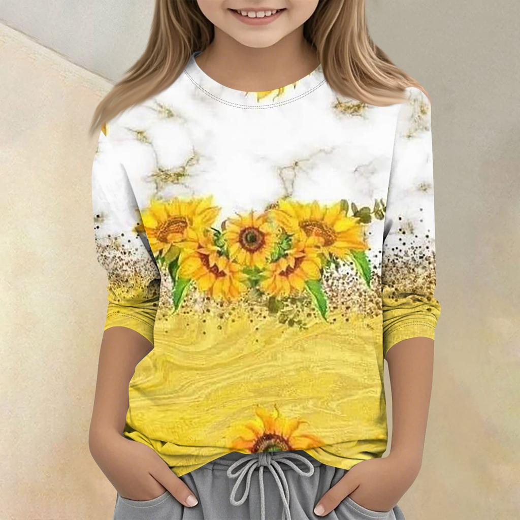 Kinder bedrucktes Rundhals Siebenviertelarm Freizeit T-Shirt