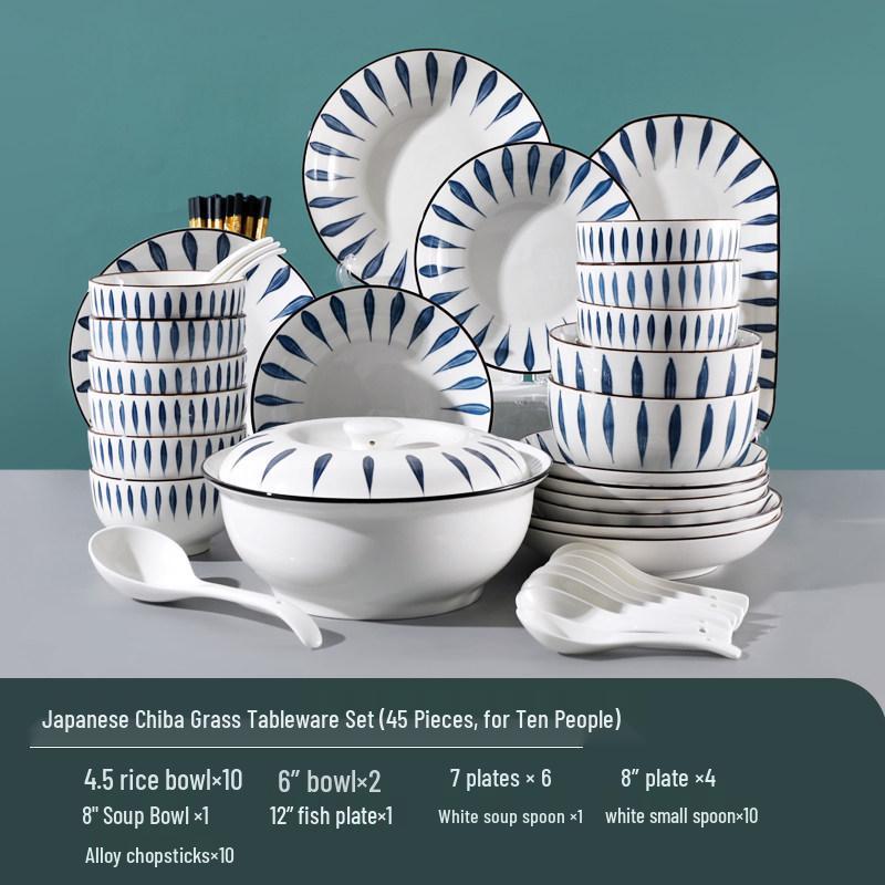 Japanese 10-Person Tableware Set: Creative Rice Bowls, Plates, and Noodle Bowls Combination.