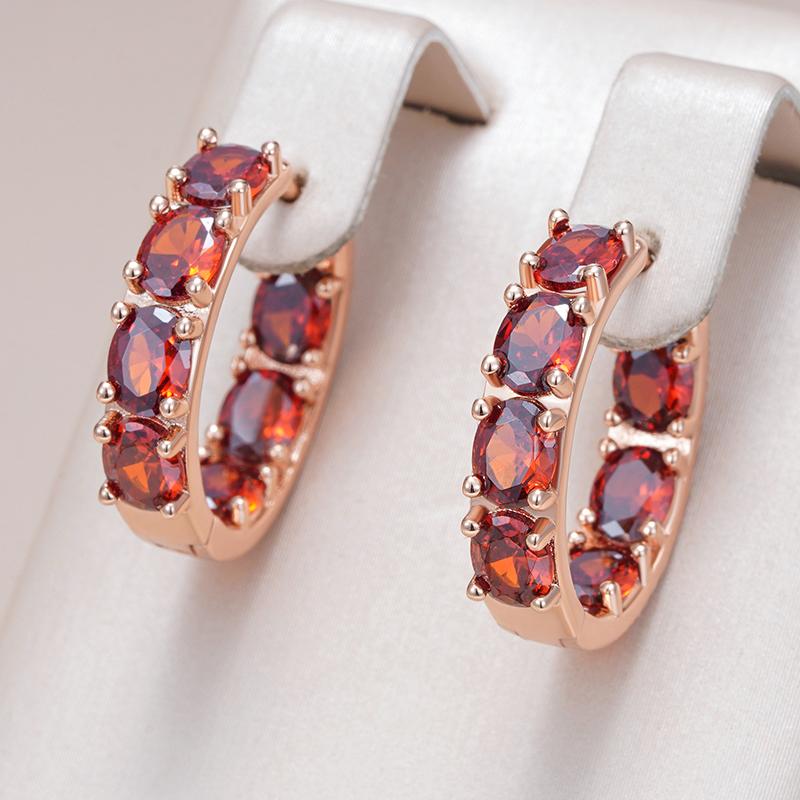 Full Red Natural Zircon Hoop Earrings For Women Trendy  Rose Gold Color Vintage Bride Wedding Jewelry Best Gift