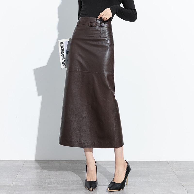2025 Autumn/Winter Women's High-Waisted Lambskin Leather Midi Skirt - Elegant and Versatile Design