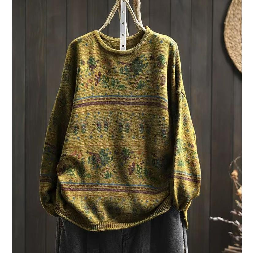 Autumn printed pullover sweater women's round neck loose casual long-sleeved blouse literary sweater