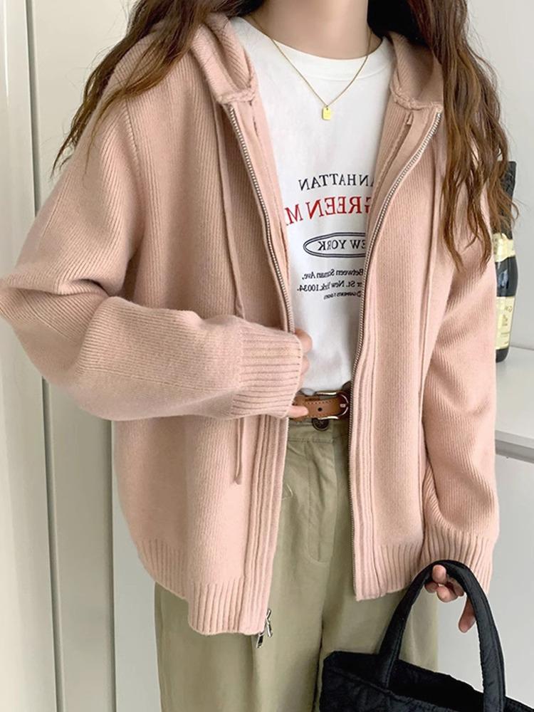 Women's Loose Hooded Knit Cardigan - Thick, Soft Double Zipper Jacket for Spring/Autumn