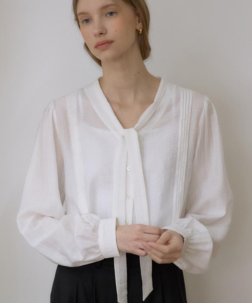 OURHOPE Tencel Scarf Tie Pintuck Blouse - Ivory