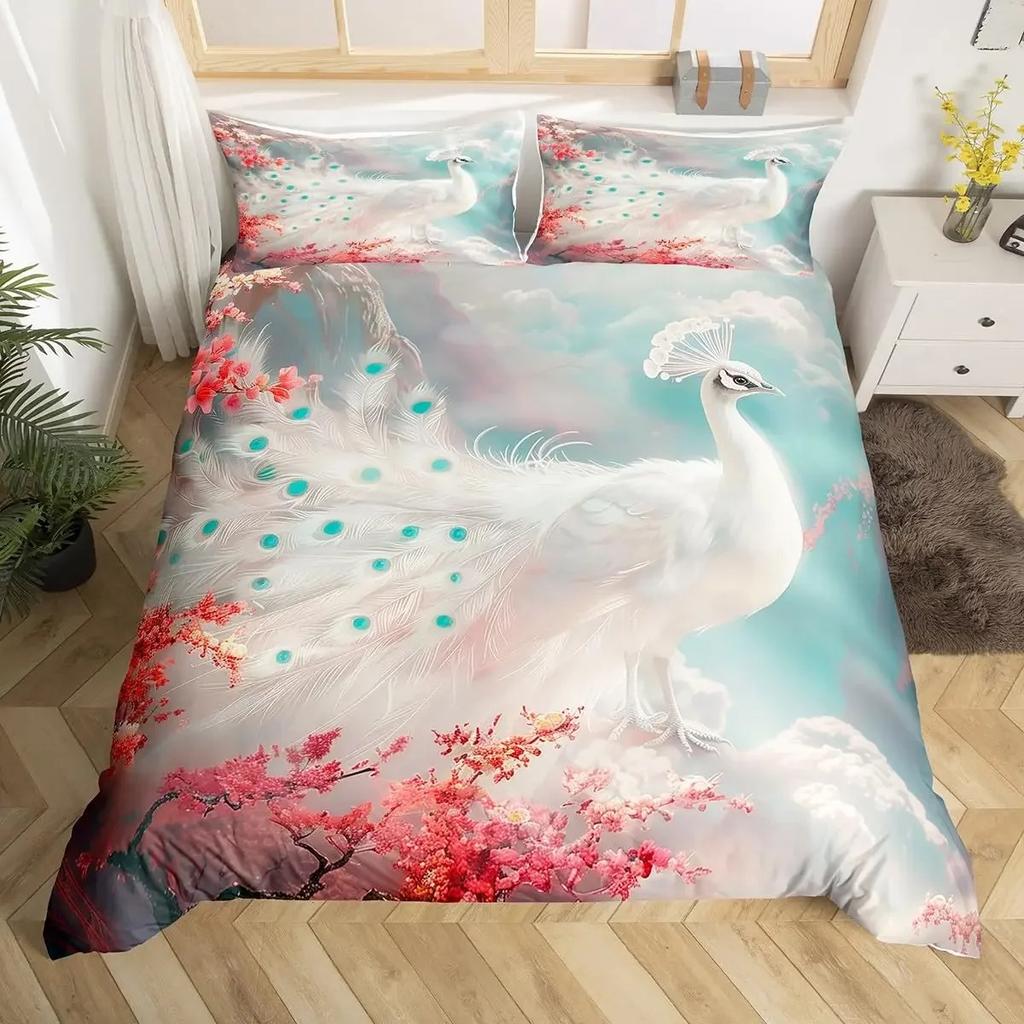 Peacock Duvet Cover Queen Watercolor Feather Bedding Set Bird Animal Floral Print Art Painting Comforter Cover and 2 Pillowcase