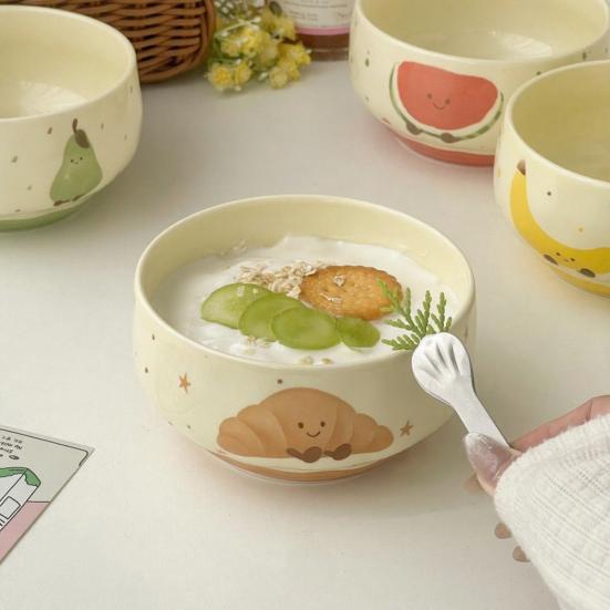 Ceramic Rice Bowl Hand-Painted Bread Fruit Pattern Serving Bowl Microwave Dishwasher Safe Kitchenware for Soup Rice Oatmeal