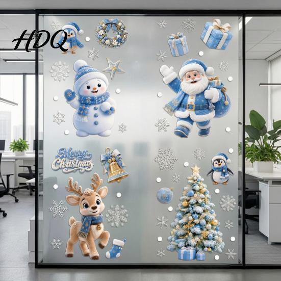 Non Adhesive Window Film 4Pcs Christmas Static Clings Blue Santa Snowman Reindeer Penguin Seasonal Home Accents Stickers Reusable Double Sided Xmas