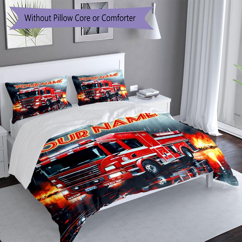 3PC Custom Name Fire Truck Action Bedding Set Duvet Cover Closure Includes 1 Duvet Cover & 2 Pillowcases for Bedroom