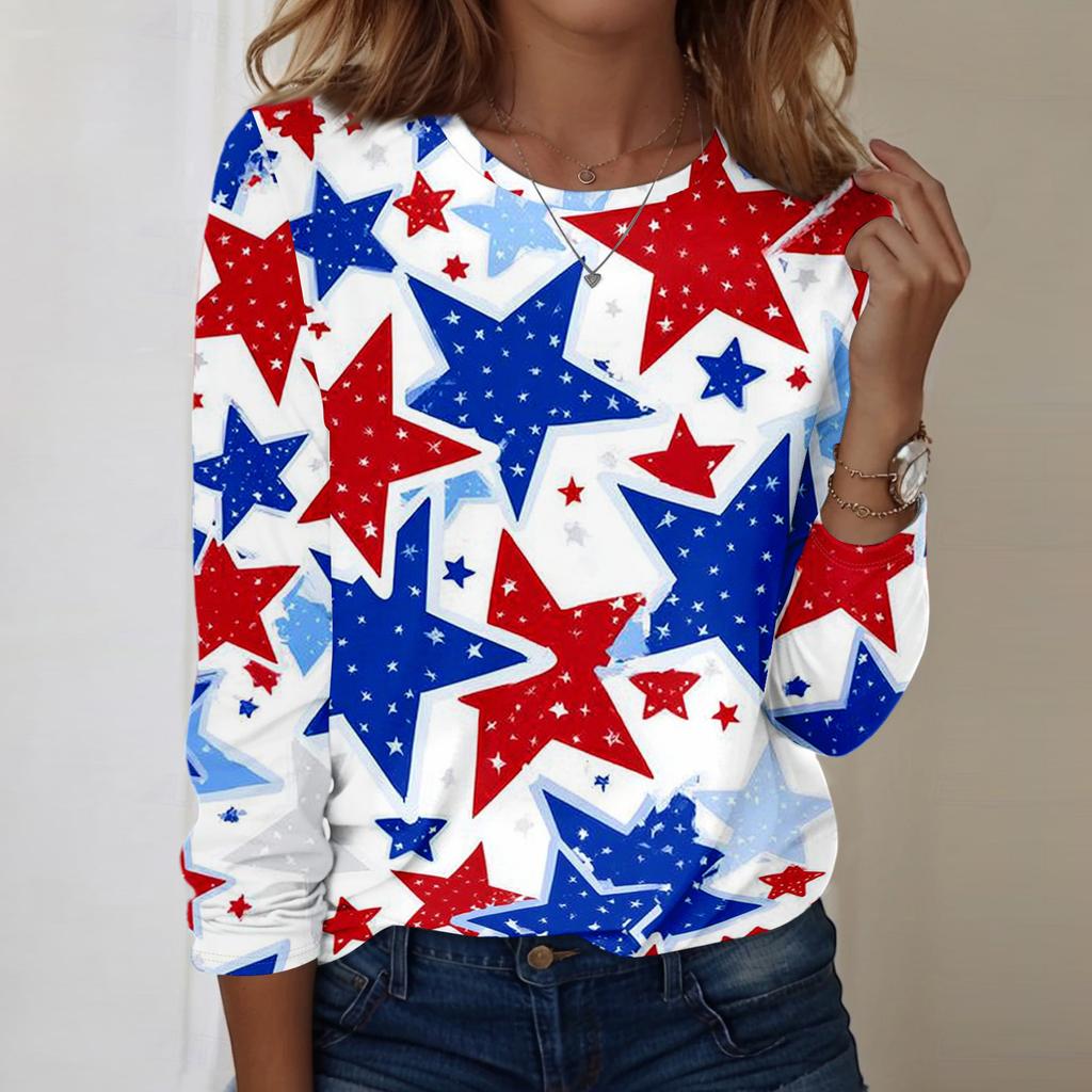 Women's Fashionable Casual Long-Sleeved Independence Day Print Neck Top
