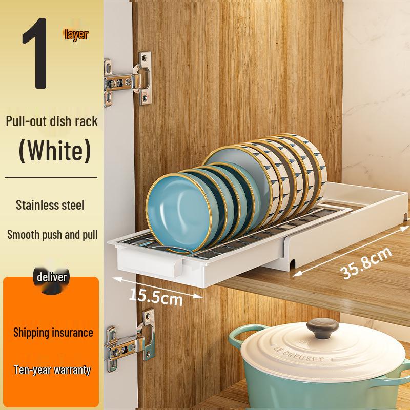 Tiered In-Cabinet Pull-Out Dish Rack for Plates and Bowls