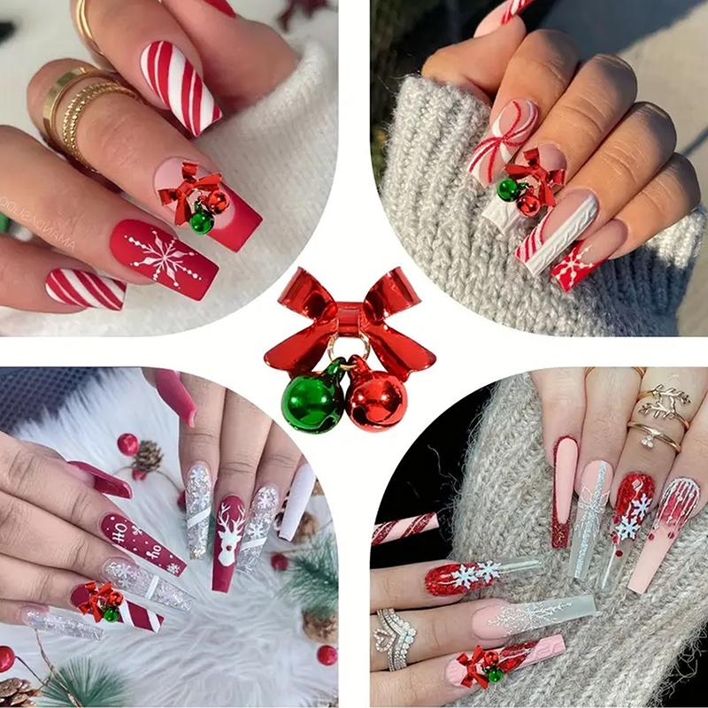 3Pcs Festive Christmas Bell Colorful Bowknot Nail Art Charms New Year Luxury Crystal Aurora Bell Pendant Nail Decoration Parts