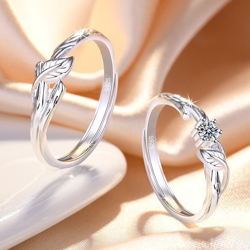 2PCS 925 Sterling Silver Ring Adjustable Open Couple Engagement Rings for Women Men Wedding Ring Party Fashion Jewelry Gift