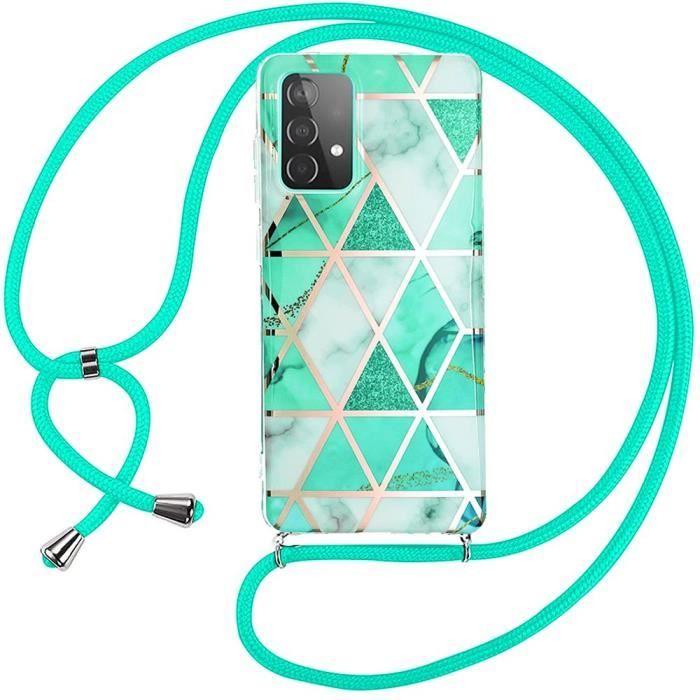 Coque Bandoulière pour Samsung Galaxy A32 5G Protection Antichoc à Motif Marbre Turquoise