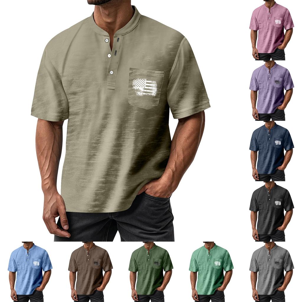 Men's Summer Independence Day Pattern Round Neck Short Sleeve T-Shirt Neck Men's All- Casual Button Shirt