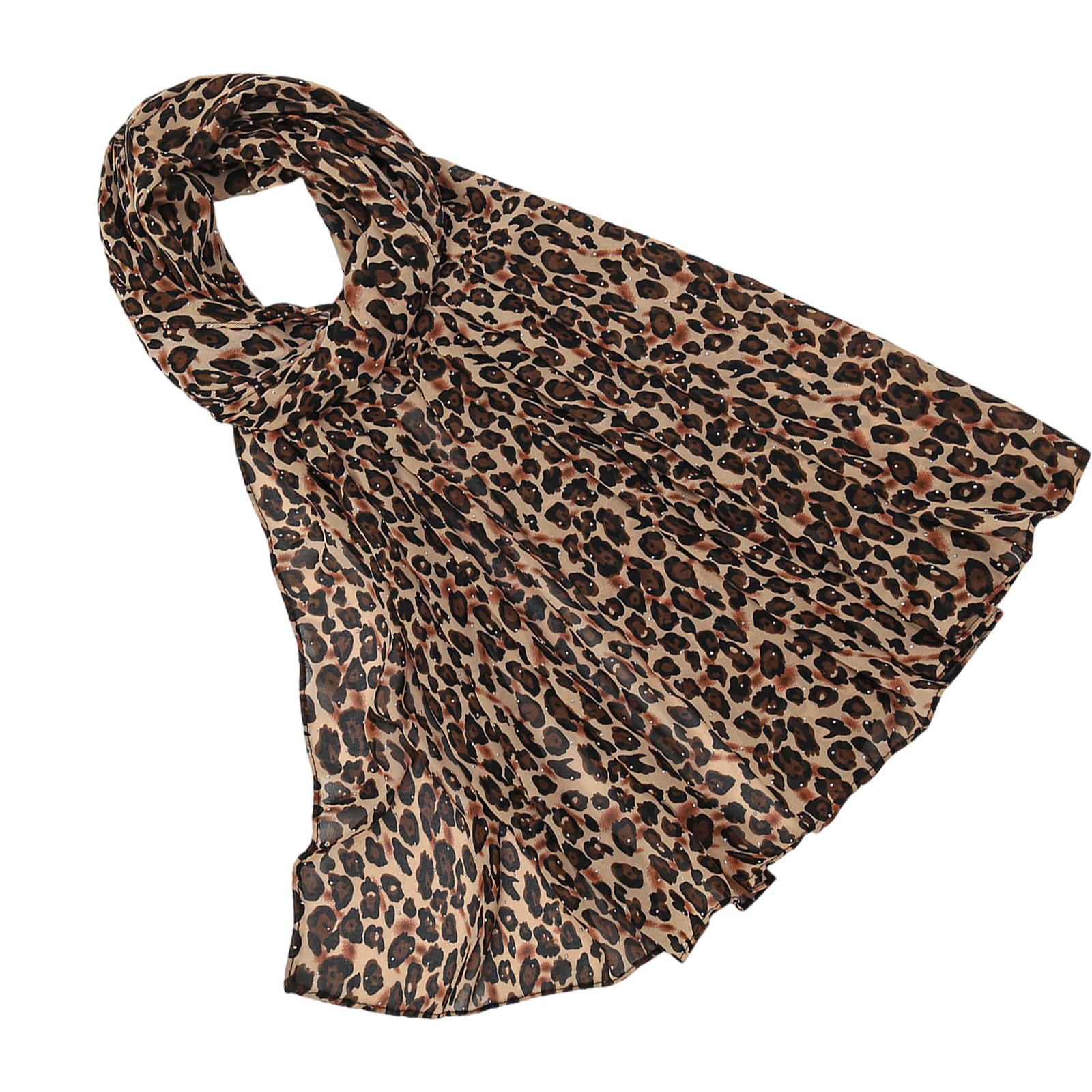 

180cm Leopard Print Scarf Polyester Shawl Shoulder Wrap Headscarf with Rhinestoned Detail Unisex Accessory