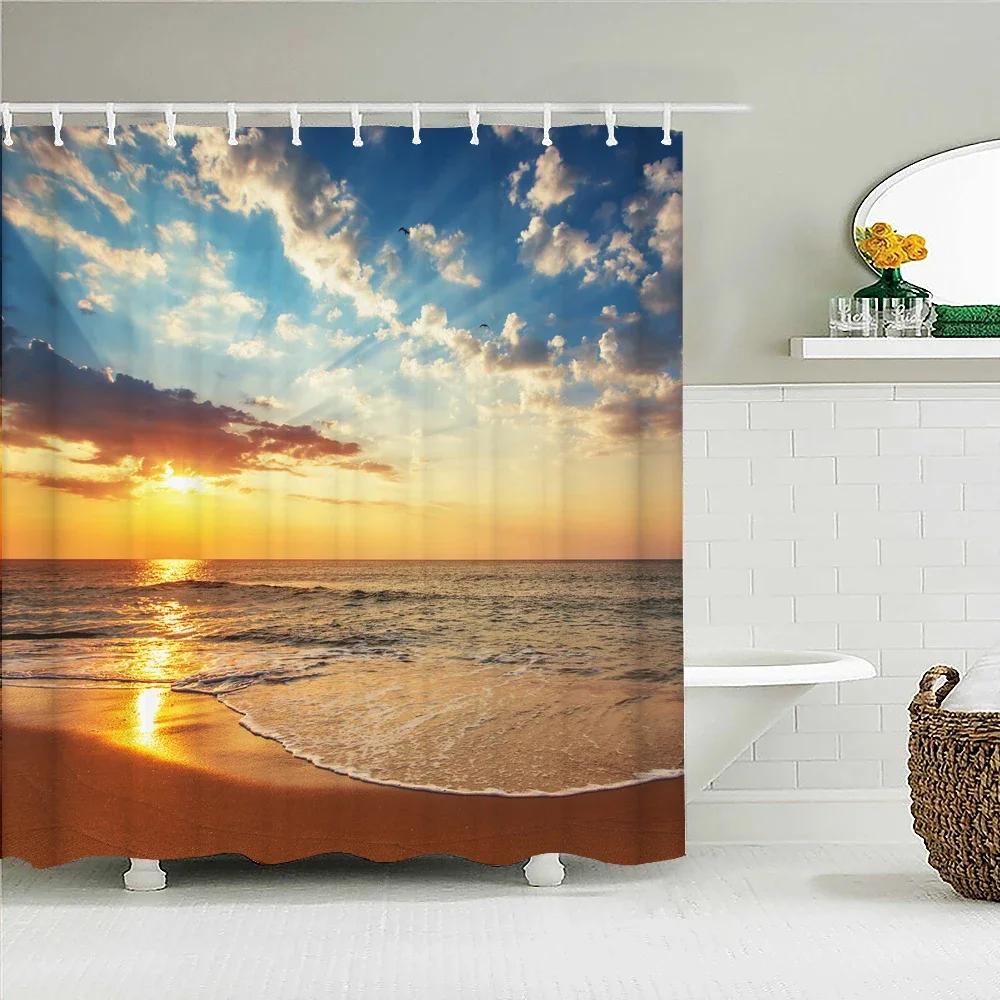 Sunlight Ocean Beach Fabric Shower Curtain Bathroom Curtains Sunset Dusk Sea Animal Dolphin Bath Screen with 12 Hooks 300x180