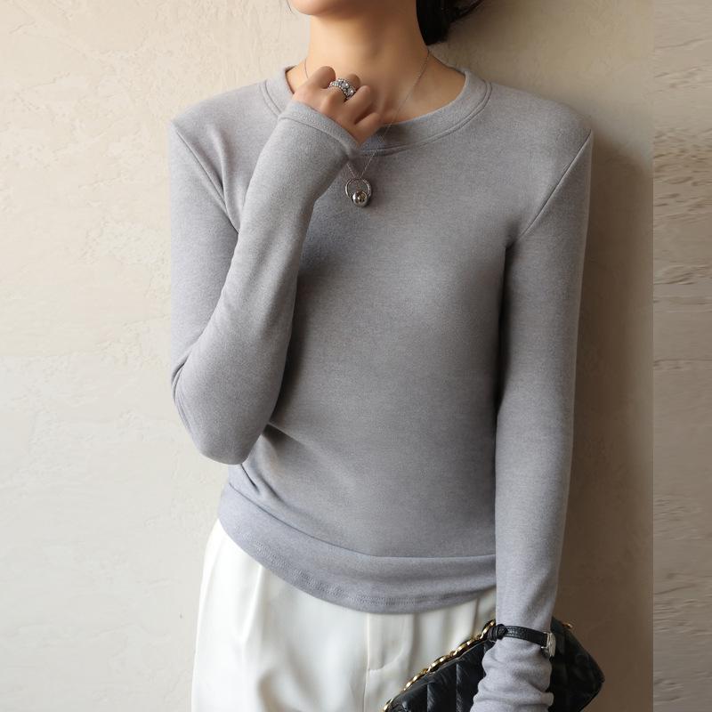 2024 Korean Style Women's Slim Round Neck Velvet T-Shirt, Thick Long-Sleeve for Autumn/Winter