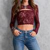 European and American sexy babes see-through lace embroidered long-sleeved tight-fitting crew neck short top