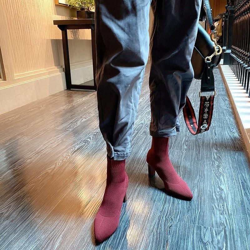2025 Mode Damenstiefel Beige Spitzschuh Garn Elastische Stiefeletten Dicke Absätze Schuhe Herbst Winter Weibliche Sockenstiefel
