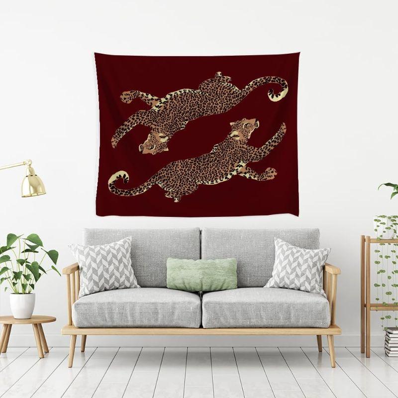Weinrot doppeltes Leoparden-Gobelin, Wandbehang im leichten Luxusstil, Retro-Tier-Wanddekoration für Schlafzimmer Wohnzimmer