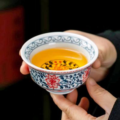 Antique Lotus Hand-pressed Cup Kung Fu Teacup Blue and White Underglaze Host Cup Small Tasting Tea Bowl Chinese Gongfu Teaware