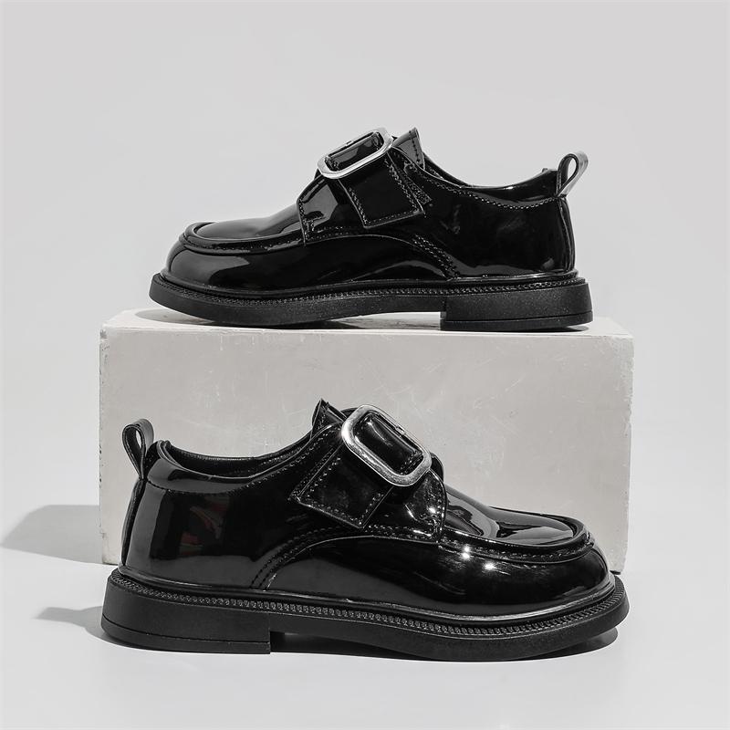 Kids Leather Shoes Black Glossy Pu Girls Princess Shoes Soild Color Metal Decoration 2025 New Children Flats School Trendy Soft