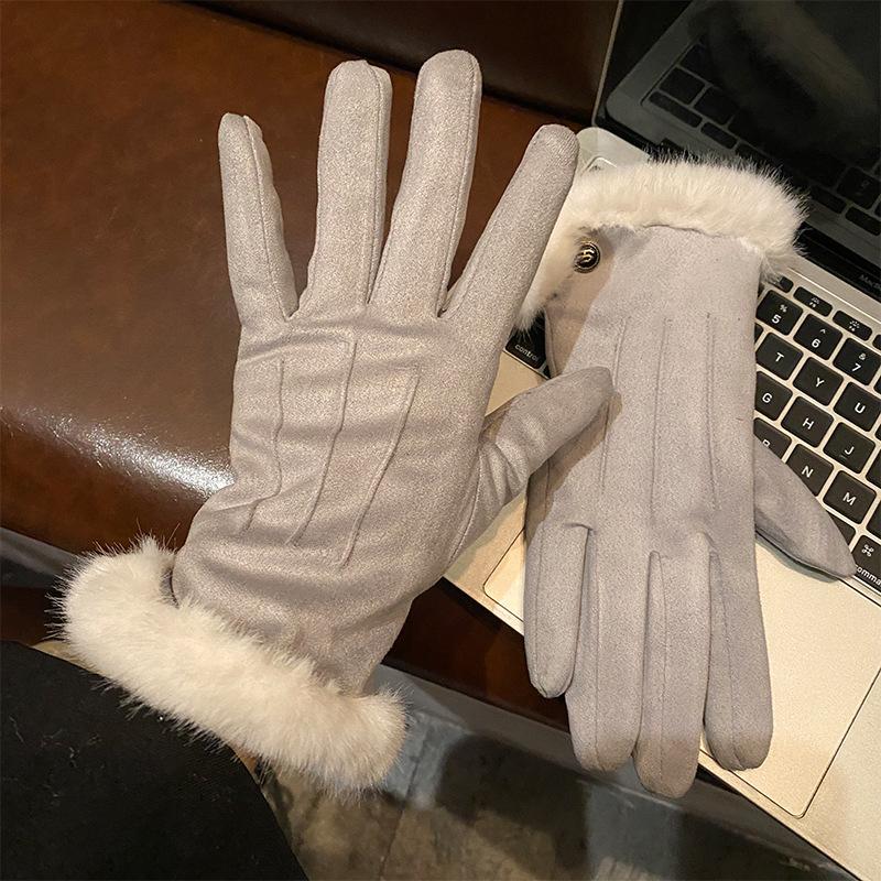 Suede Brown Plush Gloves for Women in Autumn and Winter Thickened and Velvet To Keep Warm and Cold Proof for Students To Ride Outdoors