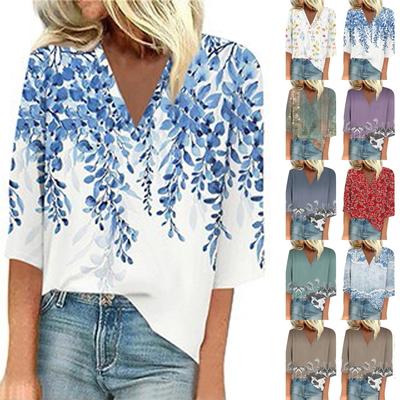 Women's Shirt Blouse Casual Loose Shirts  3/4 Sleeve  Print  V Neck Tops Print  Tops T-shirts Tee