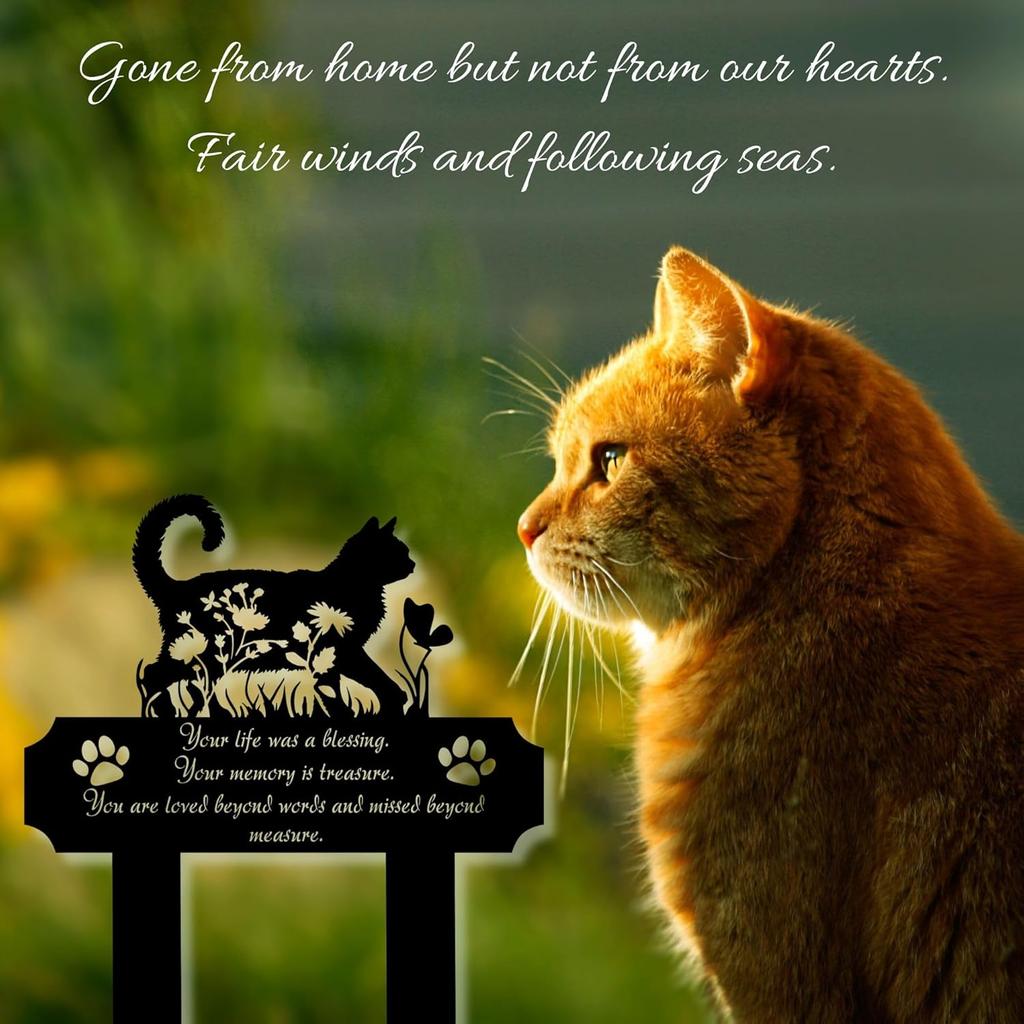 Cat Grave Marker Outdoor Memorial – 12in Metal Pet Memorial Plaque with Garden Cat Silhouette, Weatherproof Headstone for Yard or Indoor Tribute,