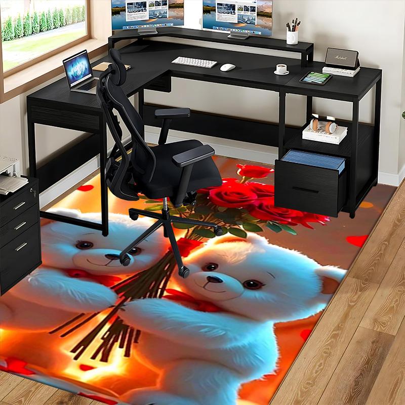 1pc Teddy Bear with Red Roses Chair Mat - Anime Cartoon Design, Office Chair Pad, Non-Slip Carpet for Home Decor, Seasonal Gift, Suitable for Office,
