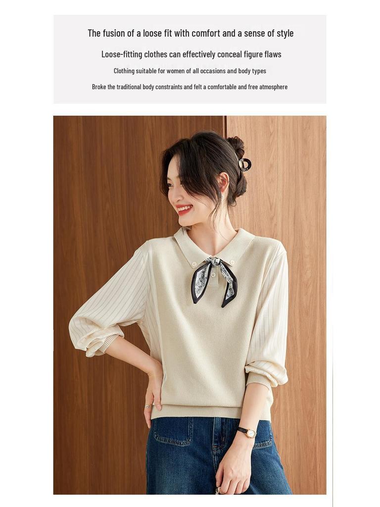 Women's Elegant Autumn Lapel Knitted Sweater, Fake Two-Piece Loose Top