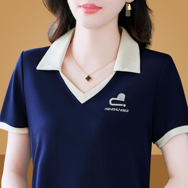 Middle-aged Mother's Summer New Large Size Loose Slim Top Shirt Shirt Collar Fashionable Small Shirt Short-sleeved T-shirt for Women