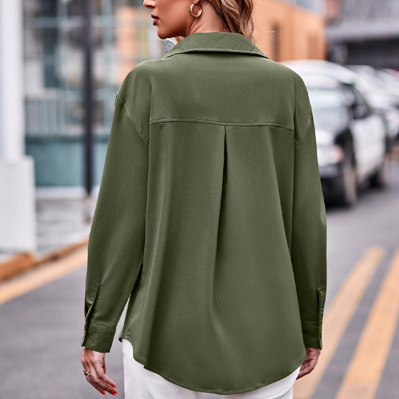 Damen Langarmhemd mit zwei Taschen Übergröße Einfarbig Lässig zum Knöpfen Bluse