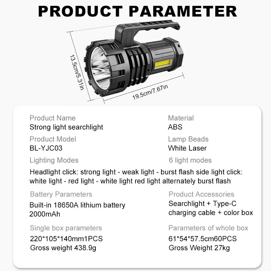 High Power LED Portable Flashlights USB Rechargeable Flashlight with 6 Modes Torch COB Emergency Light Searchlight Power Bank