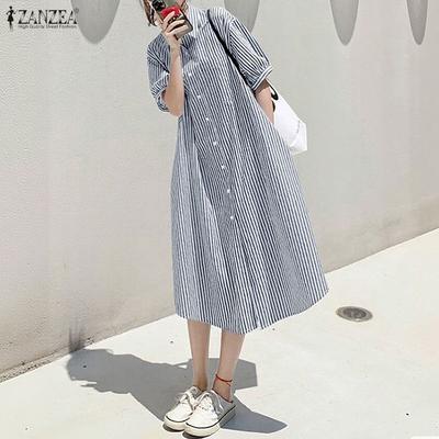 Women Casual Turn Down Collar Summer Short Sleeve Stripe Shirt Dress
