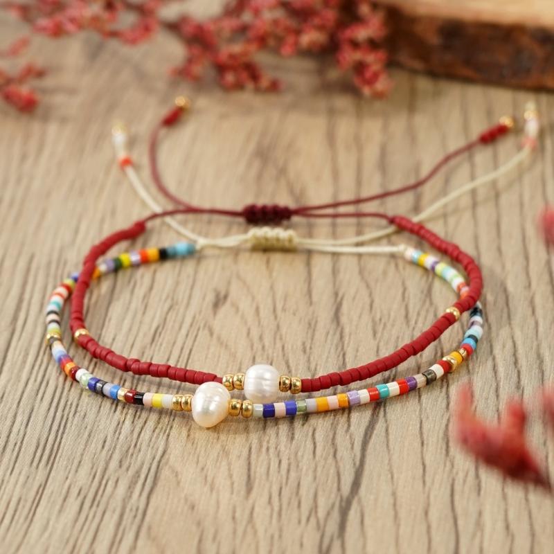 2 Piece Handcrafted Bohemian Pearls Bracelets Adjustable Cord Braided Design Beaded Bangle for Everyday Wear