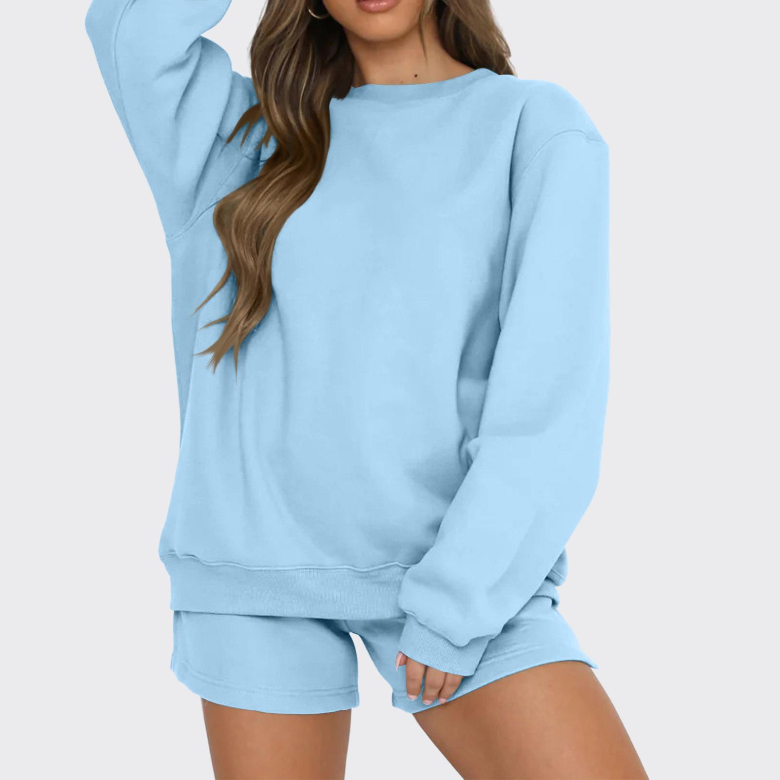 

Women s Comfortable Casual Fashionable Color Round Neck Sweatshirt Shorts Two-piece Set S