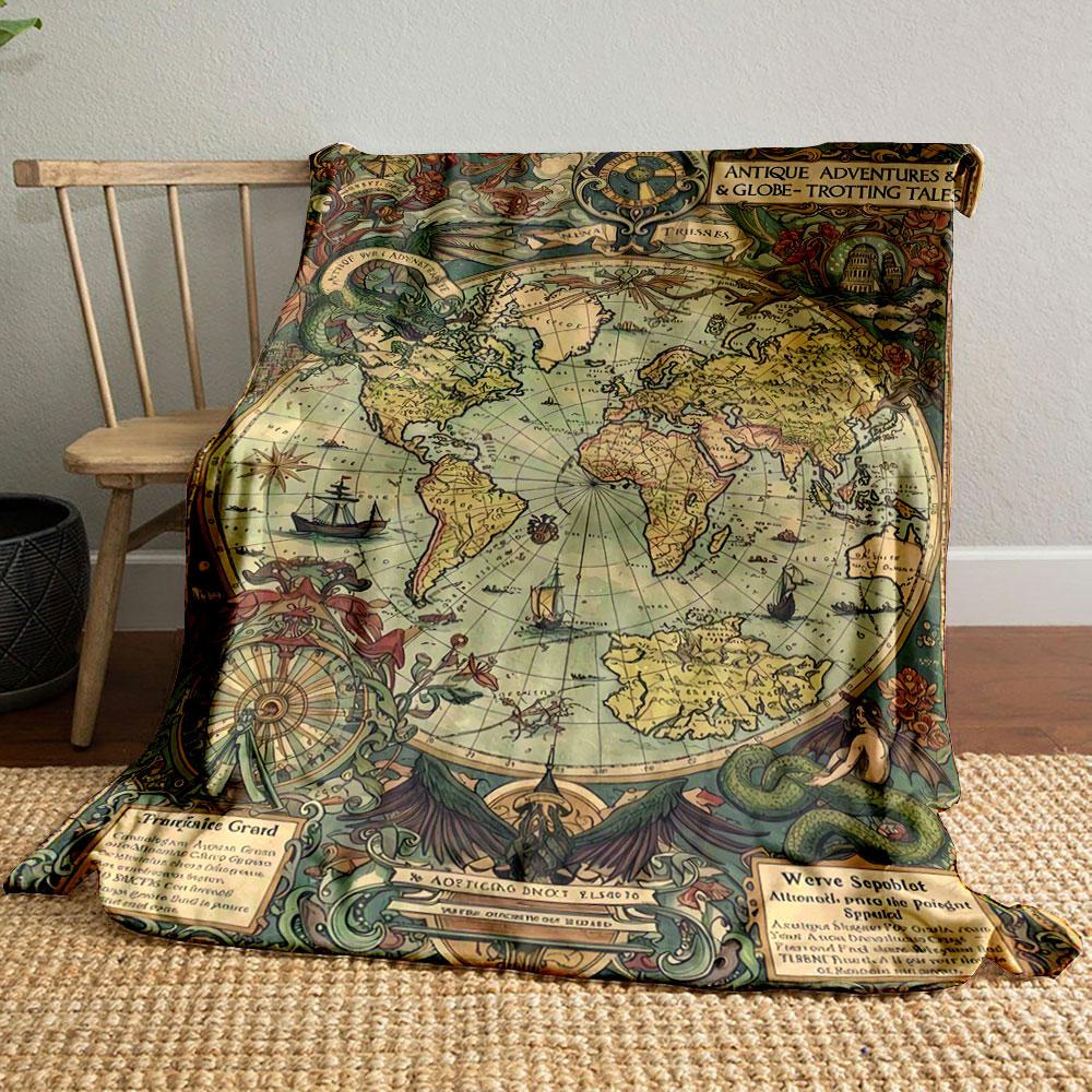 Retro Antique World Map Art Poster Multicolor Warm Blanket, Cozy Fleece Throw for Family Nights, Super Soft Fleece Blanket for All Seasons