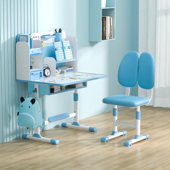 2 ks/sada Dětský psací stůl a židle Nastavitelná výška Psací stůl a židle s korektorem sezení Ergonomická židle ke stolu se stojanem na knihy (Růžová, Modrá)