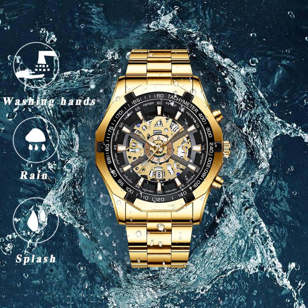 Gold Watch with 3ATM Water Luminous Analog Stainless Stylish Quartz and Gold A Perfect Gift for or Your Boyfriend Men's Calendar, Resistance, Display,
