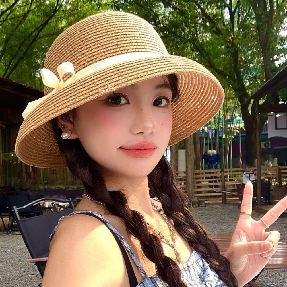 French Weaving Cap Hepburn Visor Basin Cap Fashion Bow Straw Cap  Outdoor