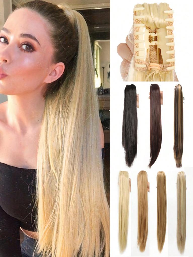 Synthetic Hair Extensions 24 Inch Long Straight Claw Clip Ponytail Wig Suitable For Women's Daily Party Use