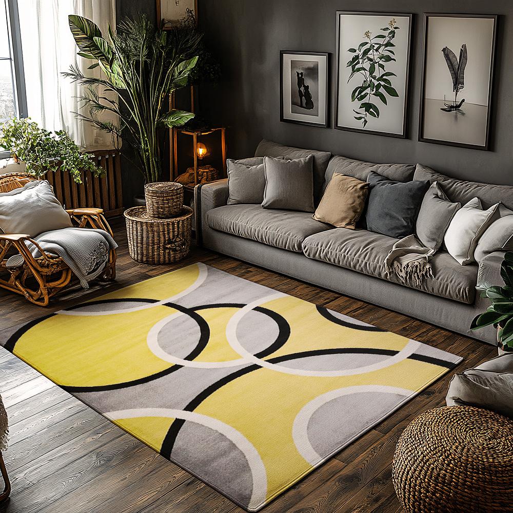 

Yellow Gray Geometric Bohemian Rug, Interlocking Circle Pattern Non-Slip Carpet, Modern Living Room Mat for Artistic Decor 50x80cm20x31in