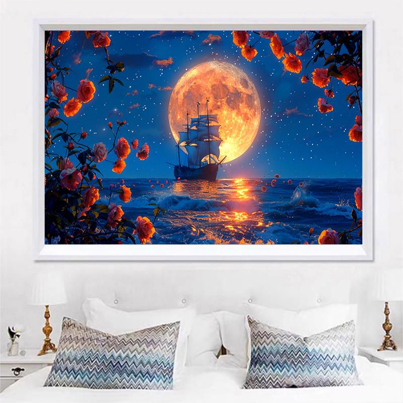 5d DIY Diamond Painting Cross Stitch Moon Sailboat Night View Diamond Embroidery Mosaic Full Round Drill Home Decor