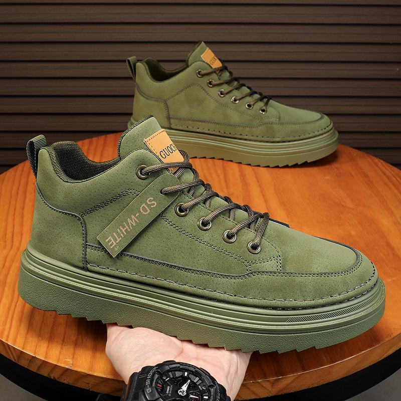 2025 Spring New Men's Shoes Korean Version of Trendy Versatile Tooling Shoes Men's Platform Mid-top Martin Shoes Casual Leather Shoes