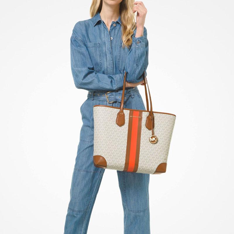 Michael Kors Mk Eva Monogram Logo Stripe Color Block Leather Tote Bag Women tote White 30T9GV0T7B830