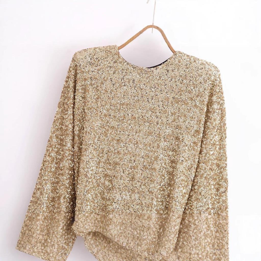 2024 Winter Women's Sequin Embellished Round Neck Long Sleeve Dress - European & American Style